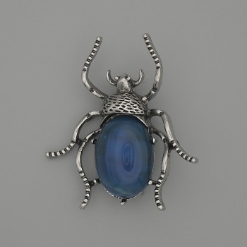 Beetle brooch pendant with agate, 44x37 mm, silver-tone metal