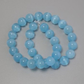 Blue Cat's Eye Beads, blue synthetic stone, smooth round bead, diameter 11.5 mm ± on thread, length 37 cm ±