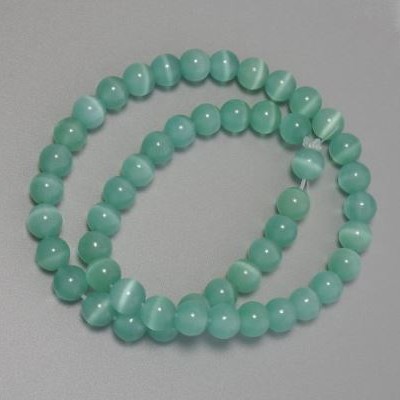 Mint Cat's Eye Beads, Smooth Ball, Synthetic Stone, 8 mm Diameter, on a Thread, Length 37 cm+