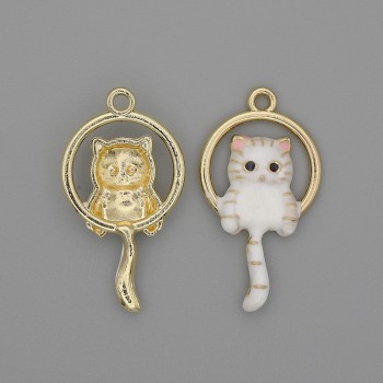Cat pendant with white enamel and golden metal, diameter 15×27 mm, pack of 2