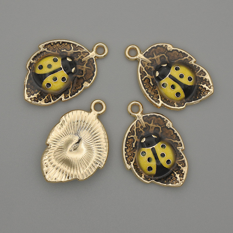 Pendant Sun on a Leaf with Yellow Enamel and Gold-Tone Metal, diameter 14×22 mm, pack of 4