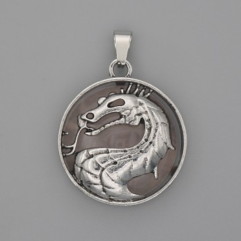 Dragon in a Circle Pendant with Pink Quartz, diameter 28mm ±, length 38mm ±, silver-toned metal