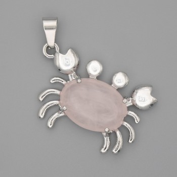 Crab Pendant Pink Quartz 40×22 mm +/- Silvery Metal