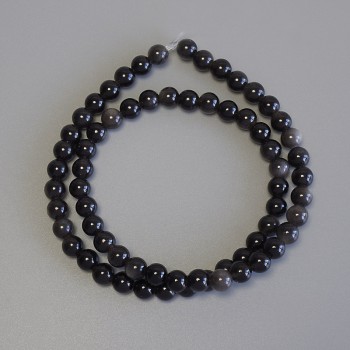 Beads of Silver Obsidian, Smooth Round Beads, 6 mm Diameter, +/- on Thread, Length 38 cm+