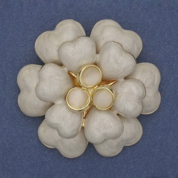 Beige Flower Brooch with Enamel, Cat's Eye Beads, Gold-Tone Metal, 61mm+