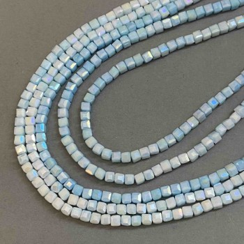 Beads Czech crystal blue multicolor with gasoline iridescent coating on thread, faceted cube, diameter 4×4 mm, length 38 cm