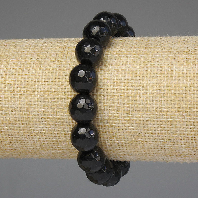 Black Agate Bracelet with Faceted 12mm Beads, 18 cm Length, Stretch