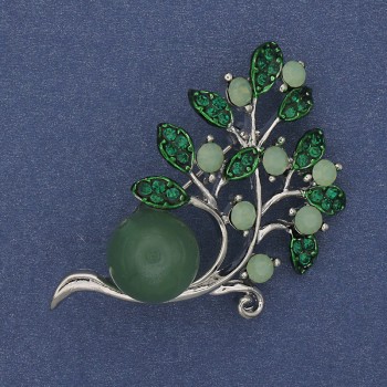 Twig Brooch with Nephrite Bead and Green Crystals, Silver Metal 48x28mm
