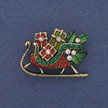 Brooch 'New Year Sleighs' Colorful enamel and rhinestones gold-tone metal 35x24 mm +