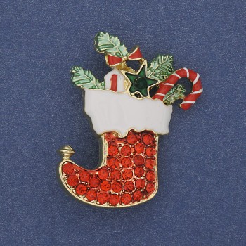 Brooch pendant 'New Year's Boot' enamel red crystals gold-tone metal 38×28 mm +