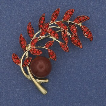 Brooch 'Twig' Carnelian with Red Crystals Gold-Tone Metal 54×46 mm +
