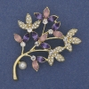 Twig Brooch with multicolored rhinestones, pearl, gold-tone metal 60x42mm +