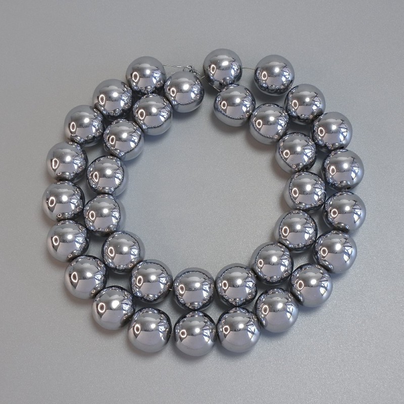Hematite Beads, Silver Color, Smooth Sphere 12mm ± on Thread, Length 40cm+