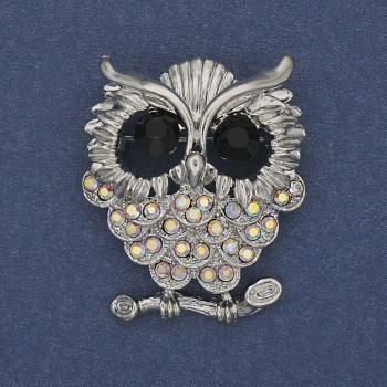 Brooch Owl rainbow and black crystals silver-toned metal 31x38mm+