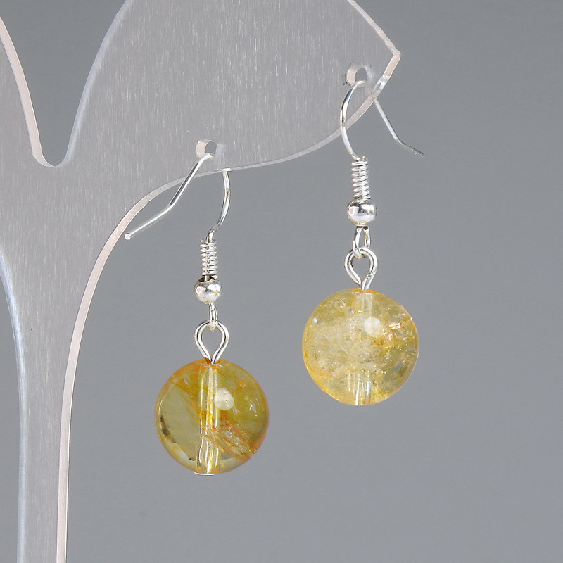 Citrine Earrings Smooth Ball, diameter 12 mm ±, length 30 mm ±, silver metal