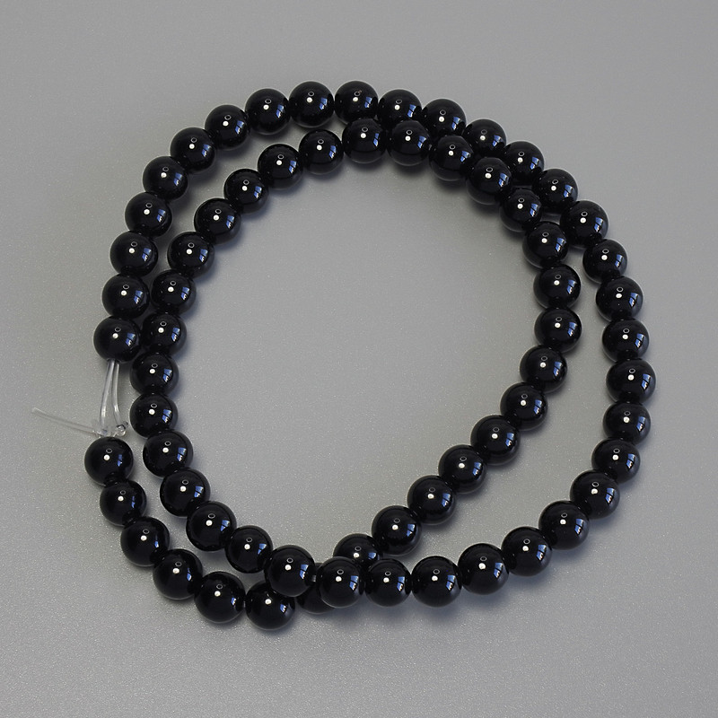 Black tourmaline beads, smooth ball, 6 mm diameter ±, 39 cm length ± on thread