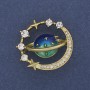 Planet Brooch enamel white crystals gold-tone metal 30mm+