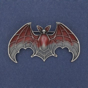 Bat pendant-brooch with red and gray enamel on silver-toned metal 36x60 mm +