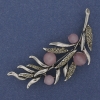 Twig Brooch with Pink Cat's Eye and Gray Rhinestones, 67×26 mm, Silver Metal