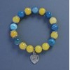 Yellow-Blue Bracelet with Agate and Citrine (artificial) Smooth Beads, 10mm Diameter, 18cm Length, Stretch with Heart Pendant