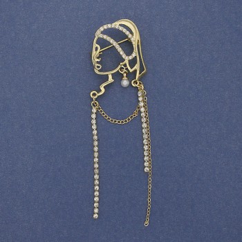 Brooch 'Girl with a Pearl Earring' with white crystals, gold-tone metal, 85×24 mm+