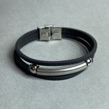 Black bracelet with metal inserts and a clasp, length 21 cm+