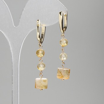 Citrine Faceted Ball Earrings, 6 mm ±, Cylindrical Element 9×6 mm ±, Length 46 mm ±