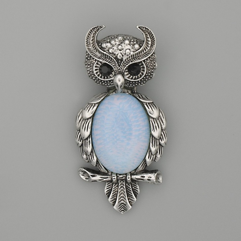 Brooch Pendant 'Owl' Moonstone, 60 x 29 mm +/- Black Crystals, Silver-Toned Metal