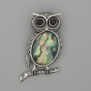 Owl Chalcedony Brooch-Pendant 45×25mm ± Black Crystals, Silver-Tone Metal