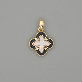 Clover pendant with mother-of-pearl and white crystals, gold-tone metal, diameter 21x13 mm