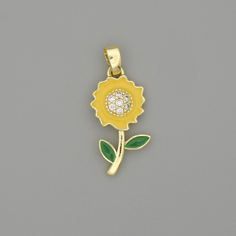 Sunflower pendant - enamel, gold-tone metal with white crystals, diameter 25x10 mm+