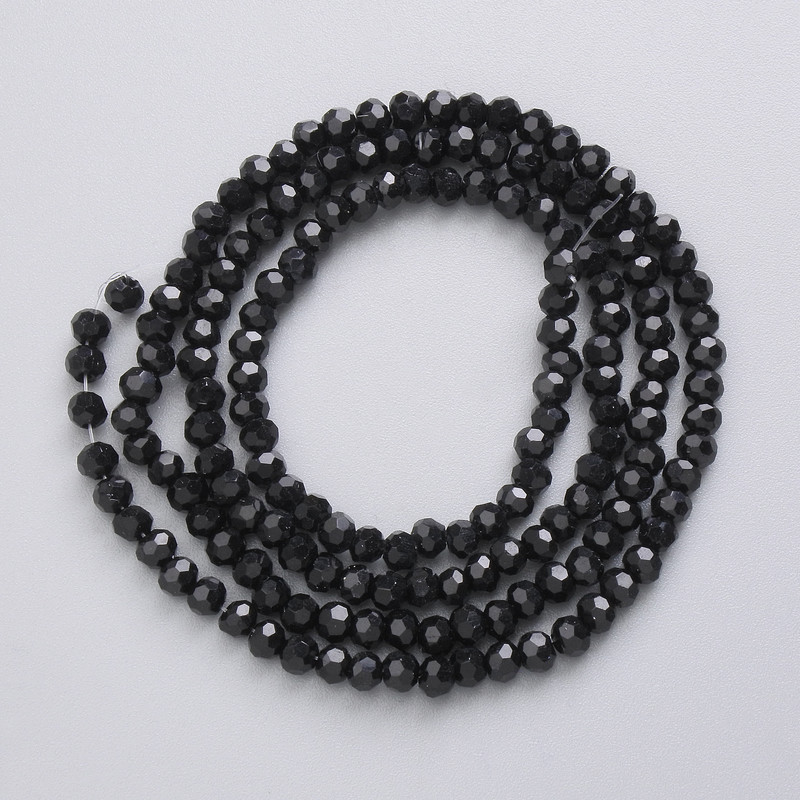 Beads Czech Crystal on Beading Thread, Black Matte Faceted Bead, 3 mm Diameter, 41 cm Length