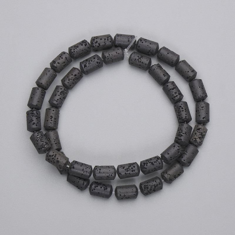 Black volcanic lava beads, cylindrical, 10×6 mm, on thread about 38 cm long