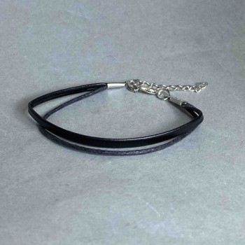 Black Eco-leather Bracelet, black color, 18 cm length + 5 cm extender chain