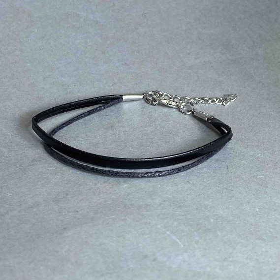 Black Eco-leather Bracelet, black color, 18 cm length + 5 cm extender chain