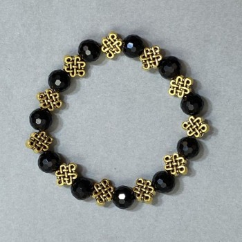 Agate Bracelet (Synthetic) with Czech Glass Faceted Beads, 9.5 mm Diameter, with Metal Inlays, 18 cm Length, Elastic