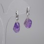 Earrings with polished amethyst stones 11-15×9-14 mm +/- (assorted sizes), length 32 mm+