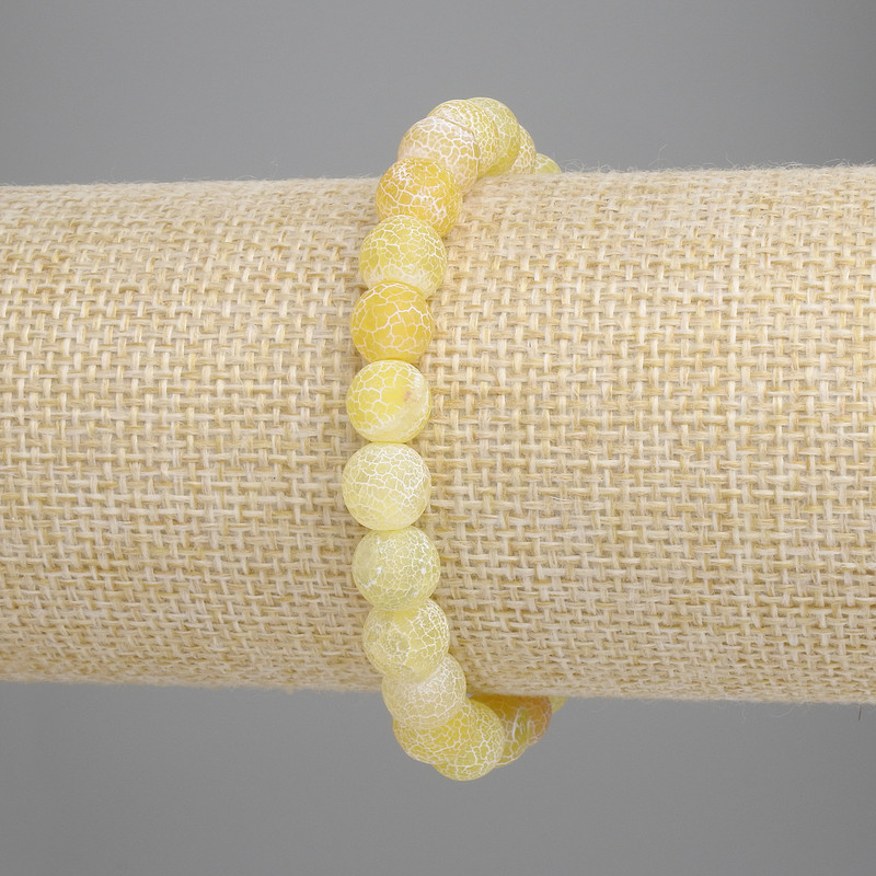 Yellow frosted agate bracelet with smooth 8 mm beads, 18 cm length, stretch