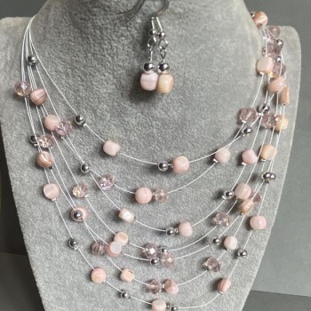 Set of Earrings and Necklace 'On the Strings of the Soul' with mother-of-pearl beads, diameter 7 mm, 7.5×5.5 mm, 5 mm, length 45-50 cm