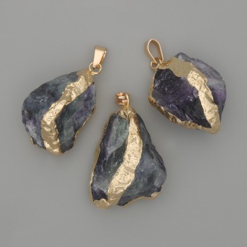 Fluorite pendant, unpolished stone — approx. 37×18 mm, assorted sizes, gold-tone metal