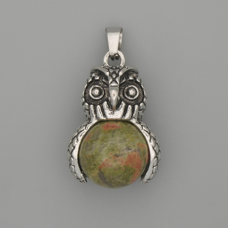 Owl Pendant with heliotrope, silver-colored metal, diameter 30×20 mm, length 37 mm