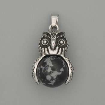 Owl Pendant in Snowy Obsidian with Silver-Tone Metal, 30×20 mm diameter, 37 mm length