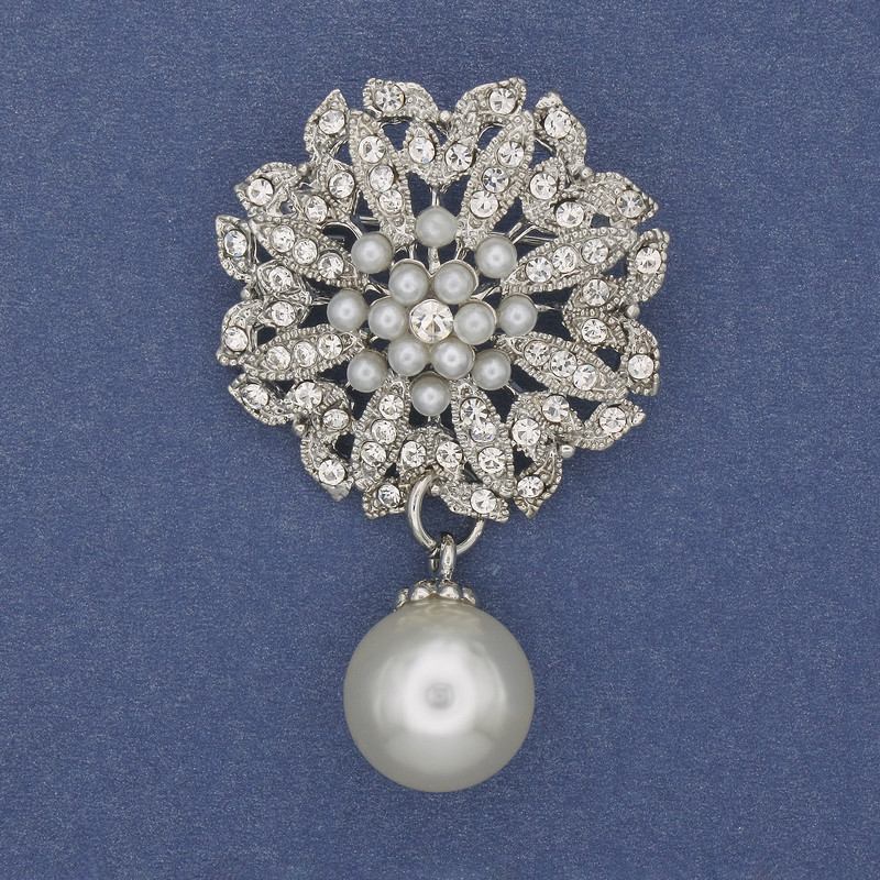 Accent Brooch with Pearl Pendant and Crystals, Silvery Metal, 33×53 mm+