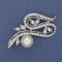Brooch with White Pearl and Crystals, Silver-Toned Metal, 53×30 mm+