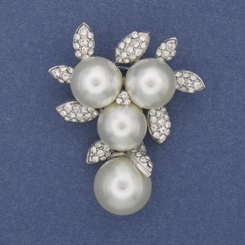 Brooch-pendant with white pearls and crystals, silvery metal 44×36 mm+