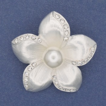 Brooch pendant 'Flower' with pearlescent color, white pearl, crystals, silver-tone metal, 47mm+