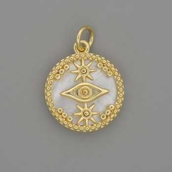 Eye Pendant with Mother-of-Pearl in Golden Metal, diameter 15 mm ±, length 20 mm ±