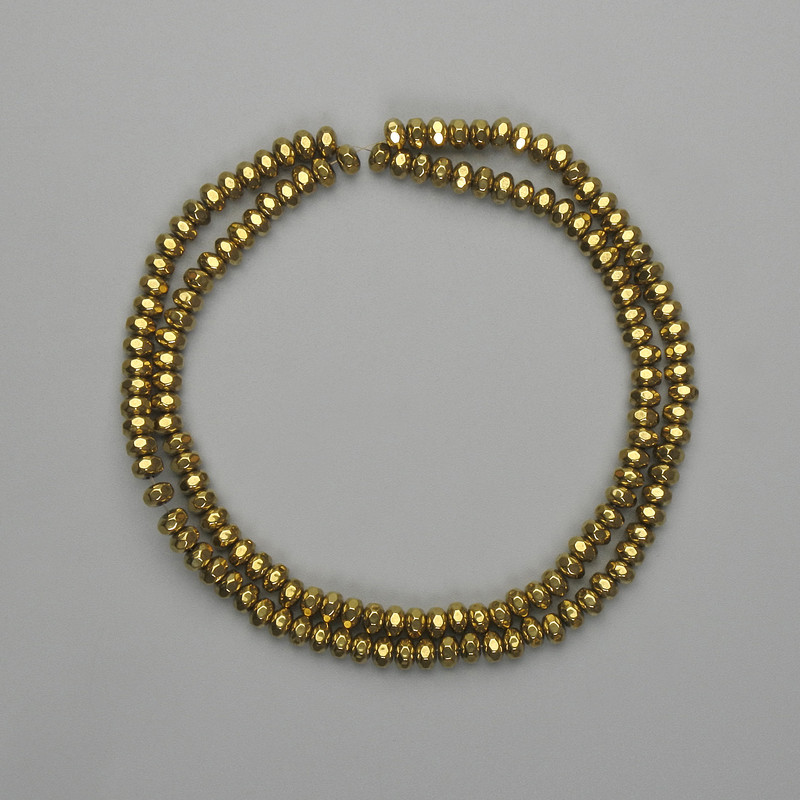 Faceted hematite rondelle beads, gold color, 4×2.5 mm, length 38 cm+