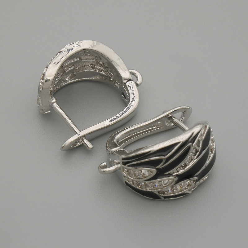 Ear wires for earrings with white rhinestones, black enamel, silvery metal, 15×9.5 mm ± pair