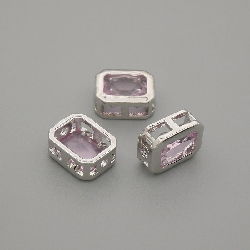 Bead insert with pink crystal, silver-tone metal, 9×7 mm diameter ±, hole diameter 1.3 mm ±, per 1 pc.